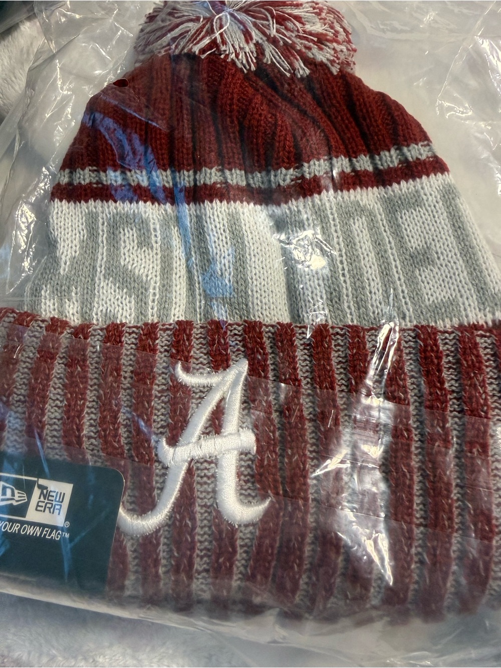 New Era Crimson and White Pom Pom Beanie with A Logo